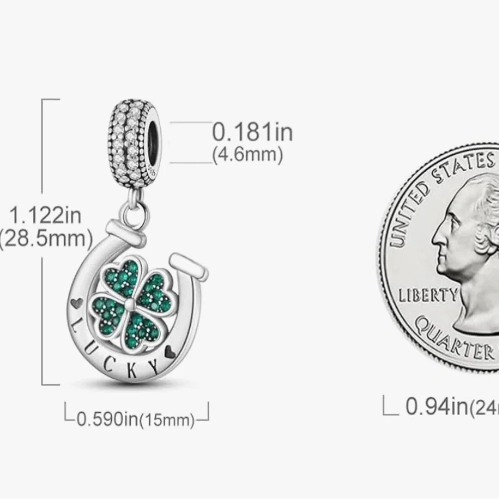 Lucky charm Horseshoe 925 Silver and Green Clover charm for Pandora